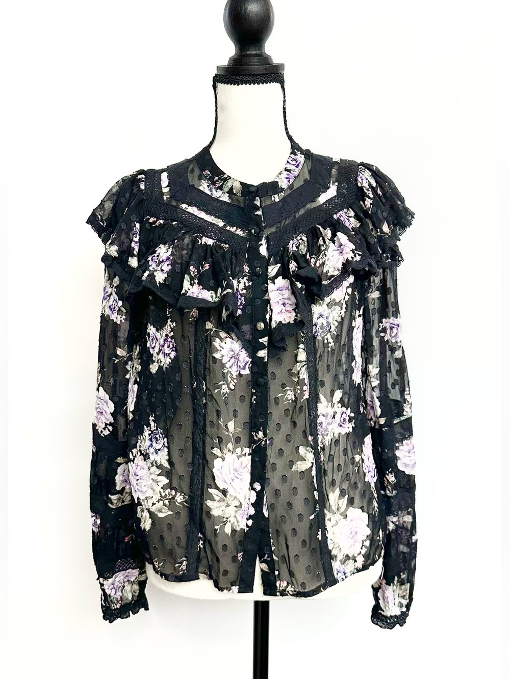 LoveShackFancy SILK Black Sheer Floral Ruffle Blouse with Lavender Blooms